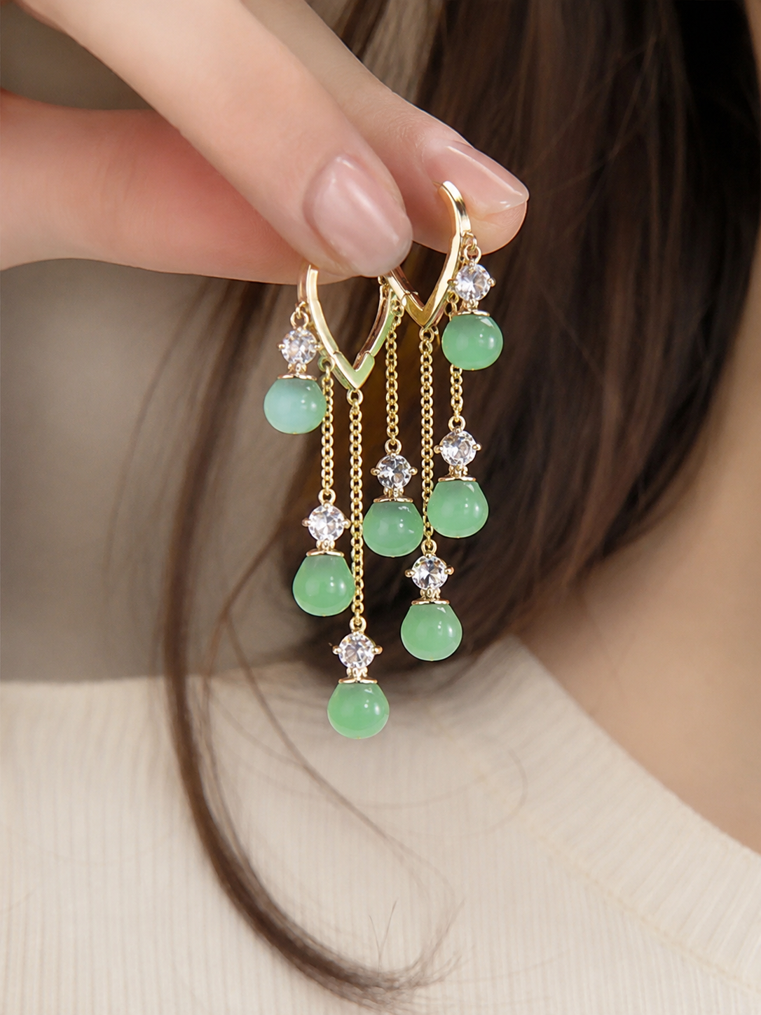 Setback Jade Tassel Hoop Earrings
